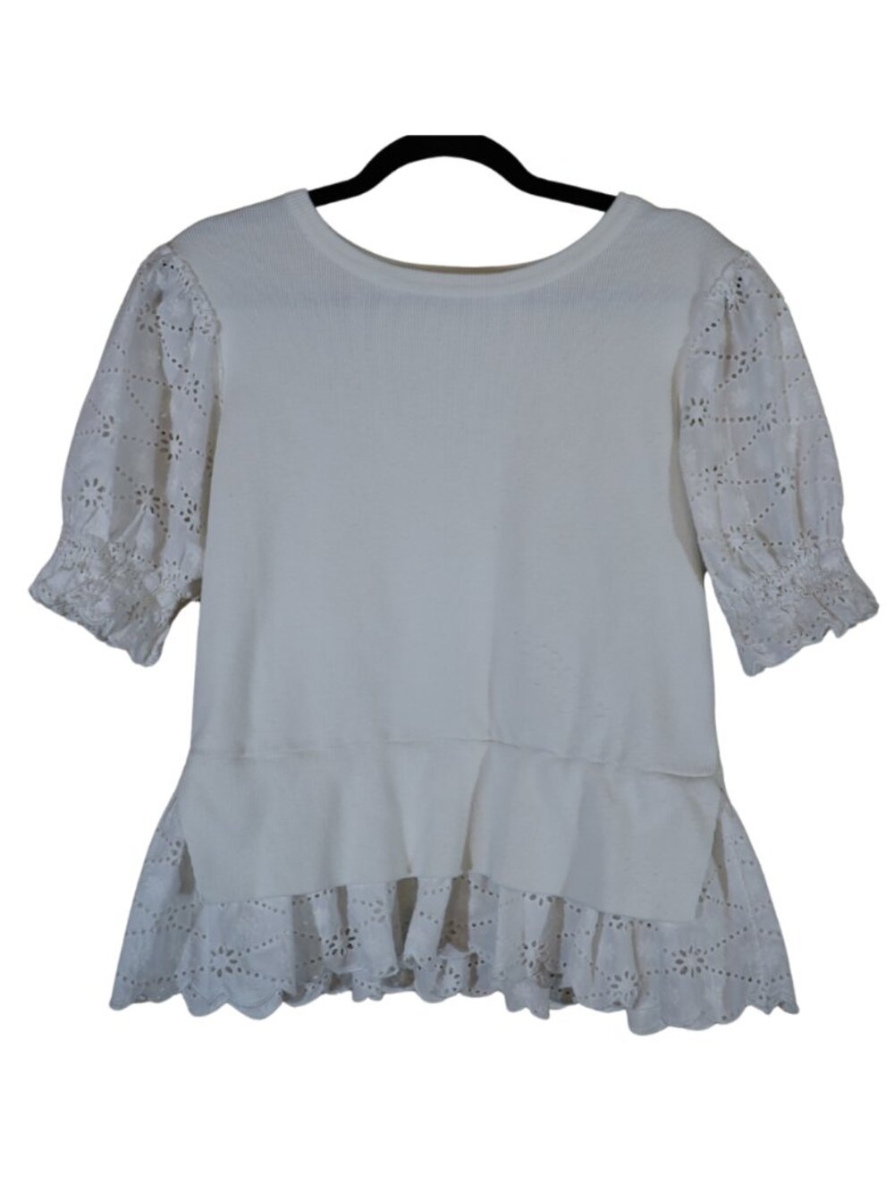 English Factory White Eyelet Puff Sleeve Sweater Tee M